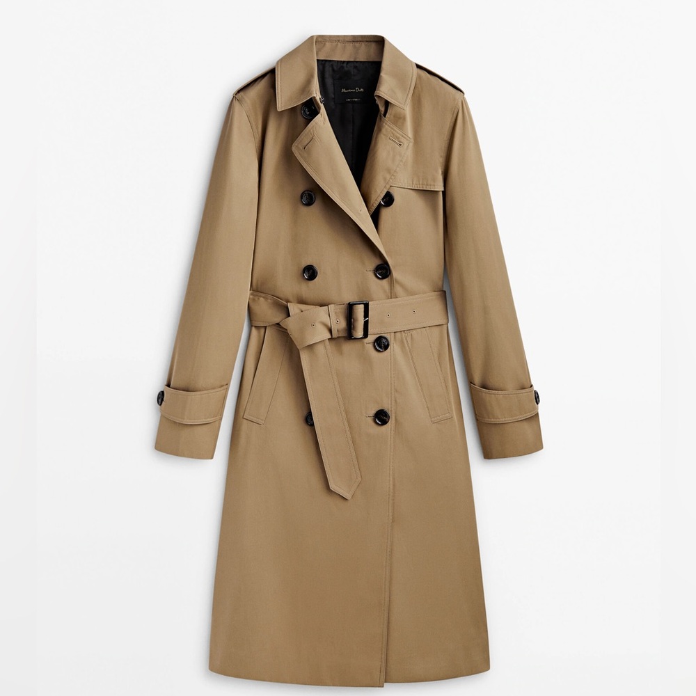 Massimo Dutti trench coat duster casual long classic tan beige with belt